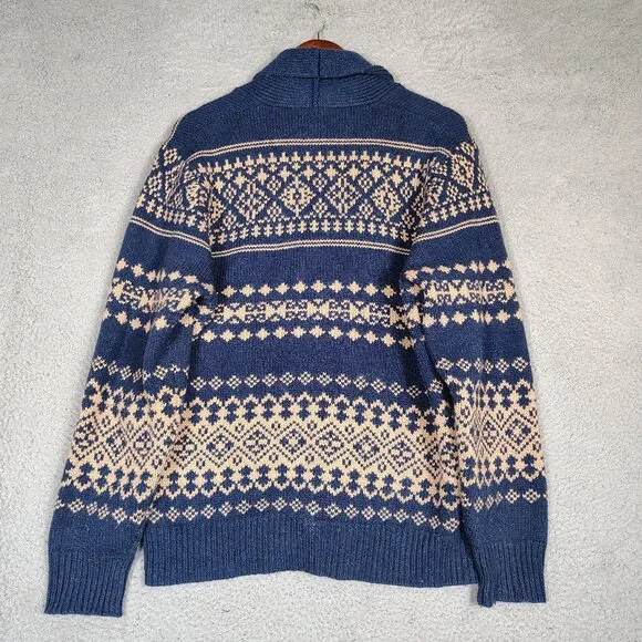 J.Crew Cardigan Sweater Mens Large Navy Beaige Fair Isle Wool Blend Button Front - Picture 2 of 11